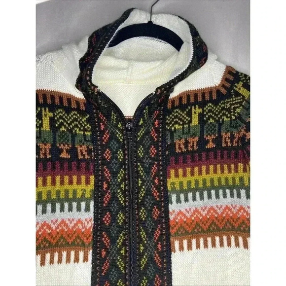 Handmade Peru Women's Alpaca White Multi‎ Cardigan Sweater Hood Zip up size: L - Picture 3 of 12